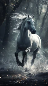 White horse running through shallow water in misty forest.