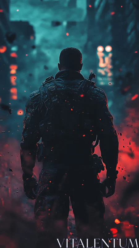 Lone armored soldier walks into a glowing war torn city night