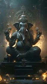 Radiant Ganesha statue amid embers and divine backlight.
