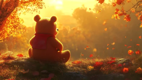 Teddy bear character sits in warm autumn sunset landscape