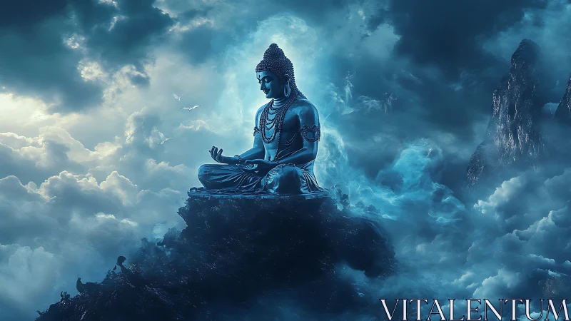 Serene celestial Buddha meditates above dramatic storm clouds.