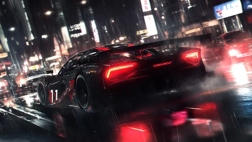 Rain-soaked supercar cuts neon street through urban storm.