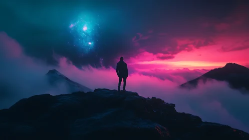 Stargazer on neon peaks beneath a galactic twilight sky.