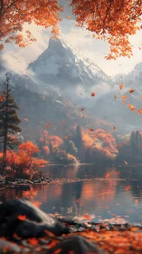 Snowy mountain over autumn lake with vivid orange foliage.
