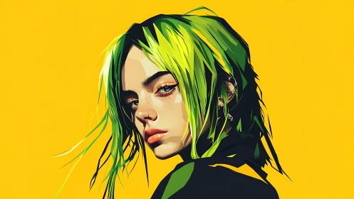 Digital portrait shows stylized female head on yellow field
