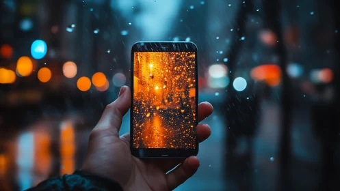 Smartphone screen refracts rainy city lights in bokeh haze.