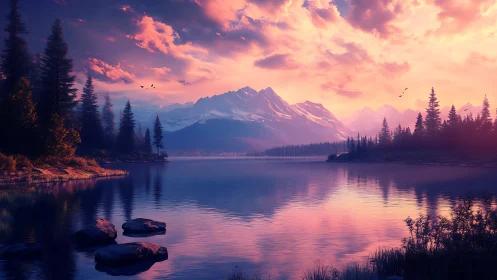 Sunset light ignites alpine lake and evergreen shoreline.