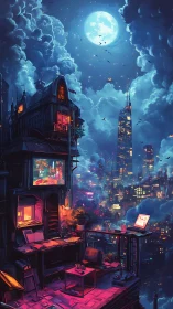 Cyberpunk rooftop studio under luminous lunar skyline.