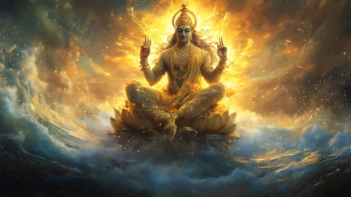 Golden deity seated on lotus above turbulent ocean waters.