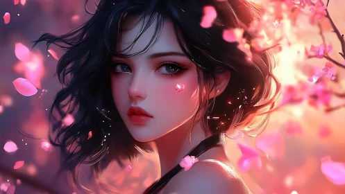 Soft-lit anime portrait with cherry blossom bokeh and rim lighting