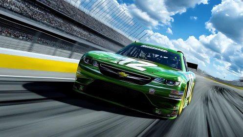 Green thunderstock race car lunging through sunlit speedway.