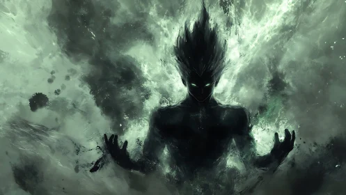 Dark humanoid figure emerges from swirling green energy field