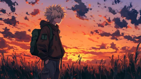 Sunset wanderer drifts through ember clouds and tall grass.