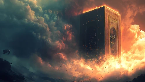 Monolithic sacred gateway burns through storm clouds