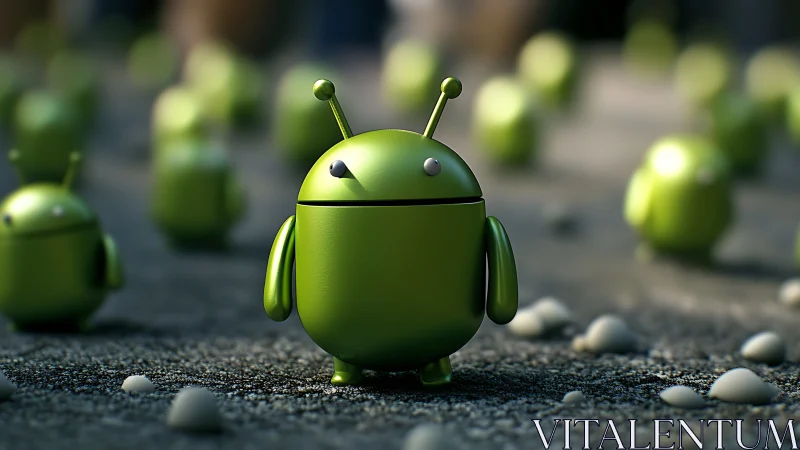 Green android mascot stands on textured ground among clones