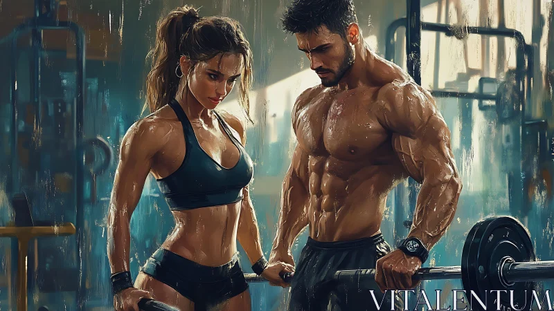 Sweat-lit power duo shaping steel resolve in neon gym.