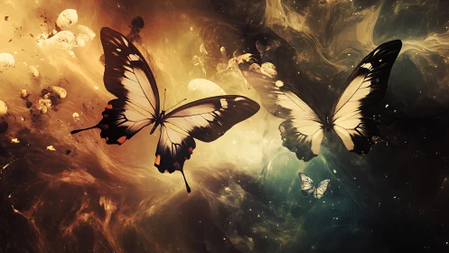 Celestial butterflies traverse a swirling bicolor nebular field