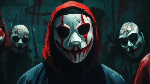 Hooded masked figures in low-key lighting with smeared red paint