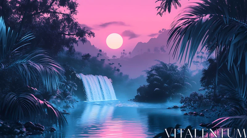 Neon jungle waterfall glows under vivid pink twilight sun