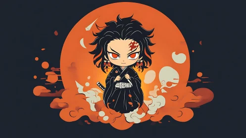 Chibi demon swordsman stands defiant before a burning moon