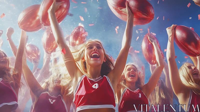 Cheerleaders celebrate victory under confetti with footballs raised