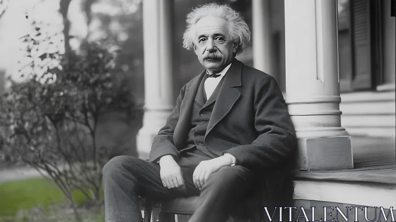 Older man with wild hair seated on porch in formal suit