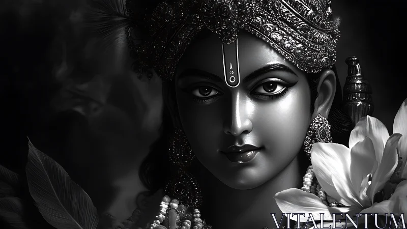 Divine monochrome portrait of jeweled deity with lotus flowers.