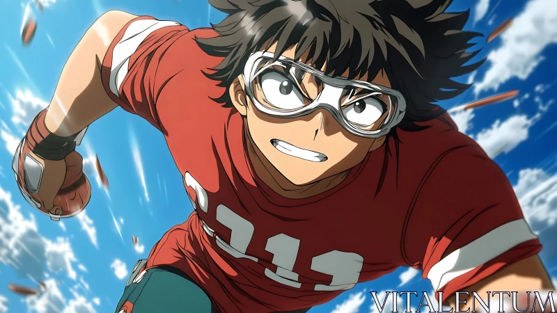 Anime football runner sprints forward under bright blue sky