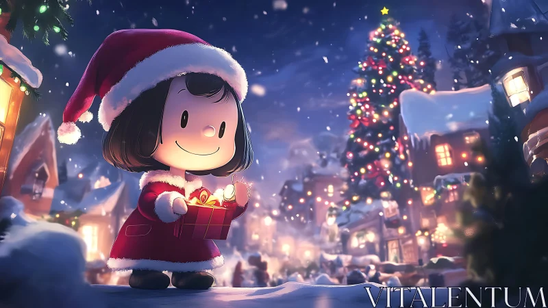 Cartoon girl in Santa outfit holds glowing gift on snowy street