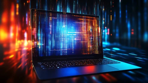 Laptop screen renders abstract neon data streams in cyber grid