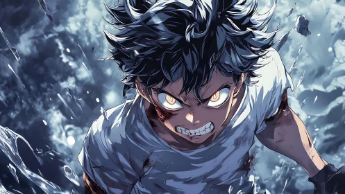 Battle-scarred anime boy lunges upward with glowing eyes