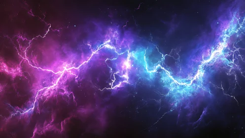 Cosmic lightning river crossing a neon purple galaxy.