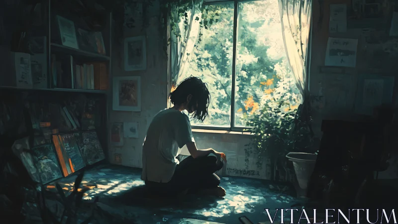 Solitary figure in dim room facing bright garden window.