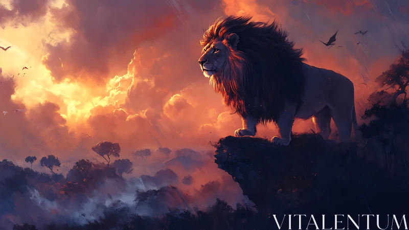 Male lion stands on rocky outcrop against illuminated clouds