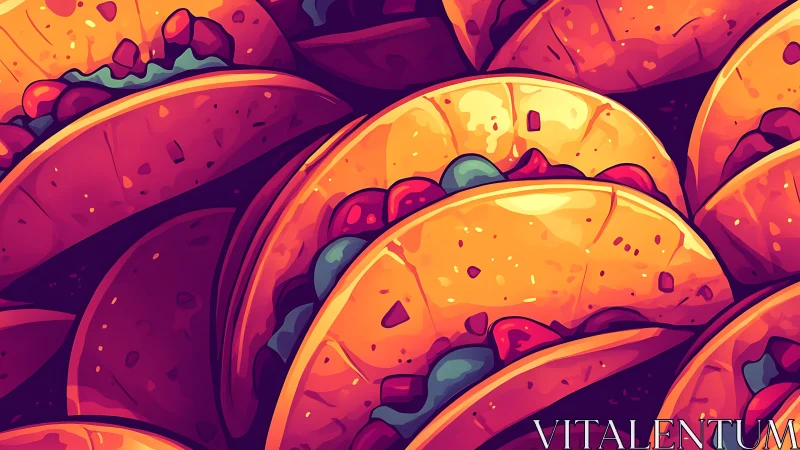 Stacked hard shell tacos fill the colorful frame tightly