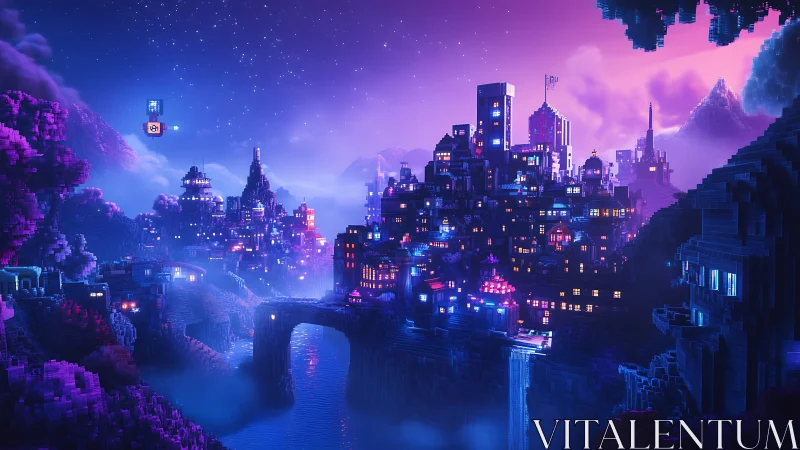 Dreamy neon voxel city glowing under a starry twilight sky.