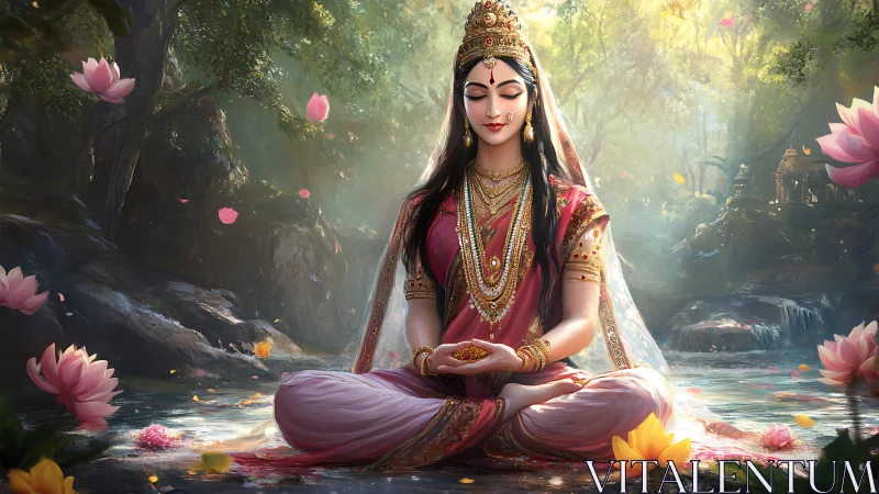 Seated female figure meditating in ornate attire by river.