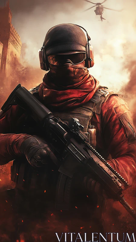 Firestorm commando stands unshaken in ember‑lit chaos.