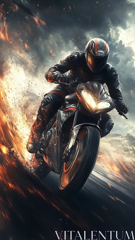 Roaring sport bike rider carves through fire and storming sky