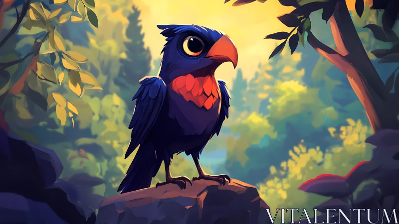 Vibrant cartoon bird perched in sunlit forest, digital art style.
