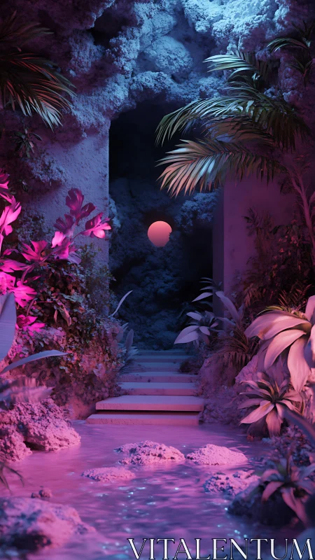Dreamy cave garden welcomes a glowing moonlit horizon