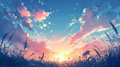 Atmospheric gradient sunrise over meadow silhouettes, chromatic study.