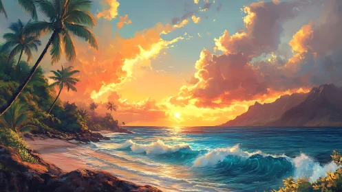 Sunlit surf crowns a tropical cove in blazing evening color.