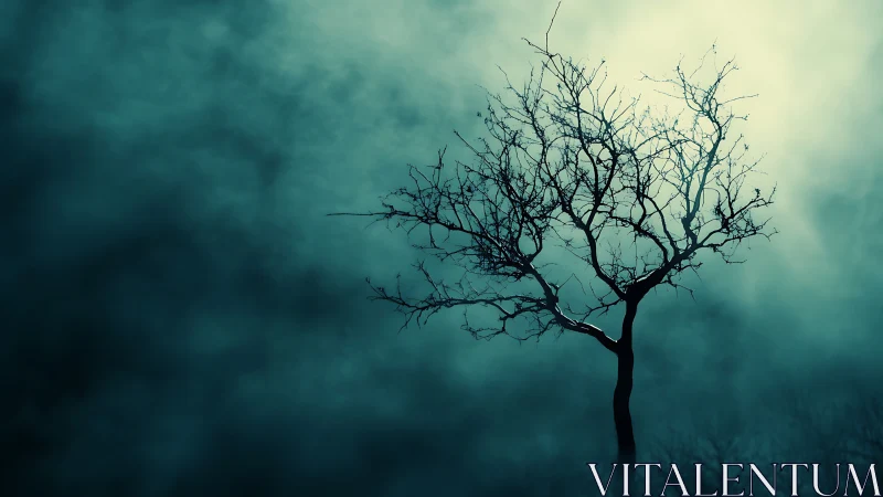 Lone Bare Tree in Mysterious Fog, Moody Nature Photography.
