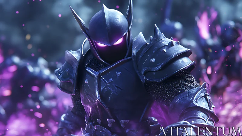 Armored void knight rendered with emissive violet eye glow