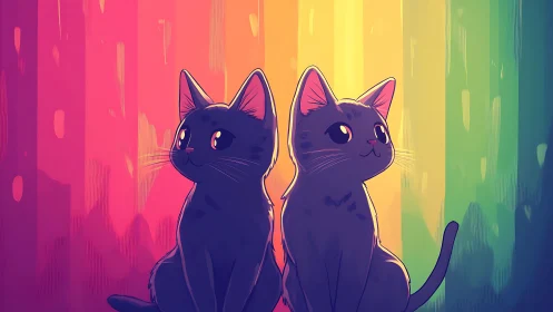 Dual Black Cats Against Rainbow Gradient Background.