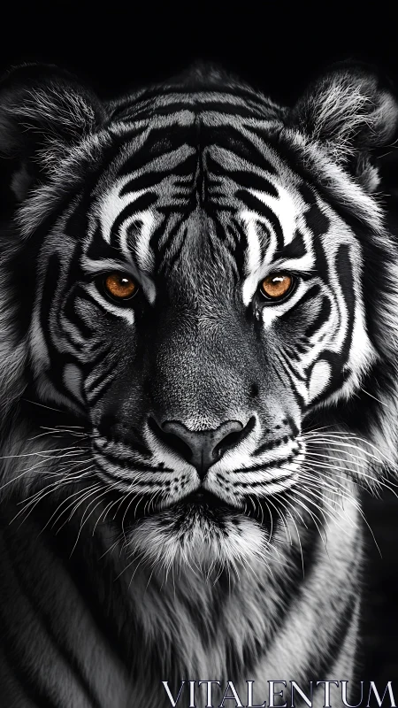 Photoreal tiger portrait with intense amber eyes in shadow.