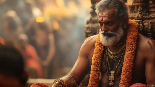 Firelit temple sage in marigold garlands and molten calm.