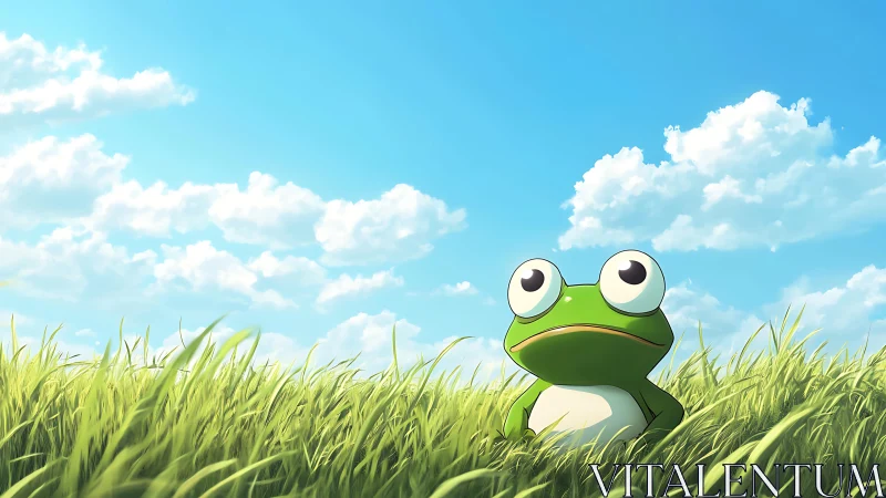 Wide-eyed cartoon frog rests in tall sunlit meadow