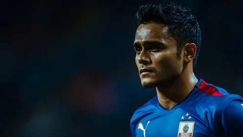 Focused soccer player in blue jersey under stadium lights.
